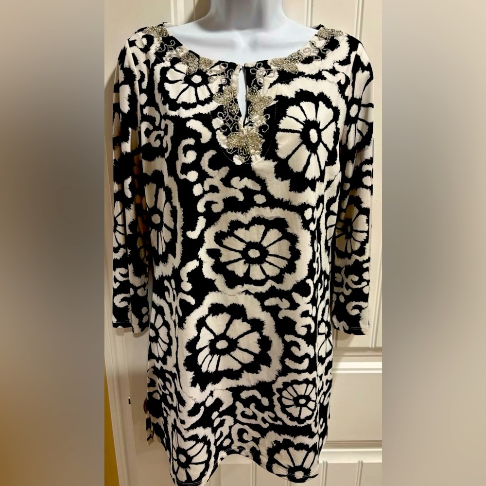 INC International Concepts Tunic Womens Floral Beaded, Size M